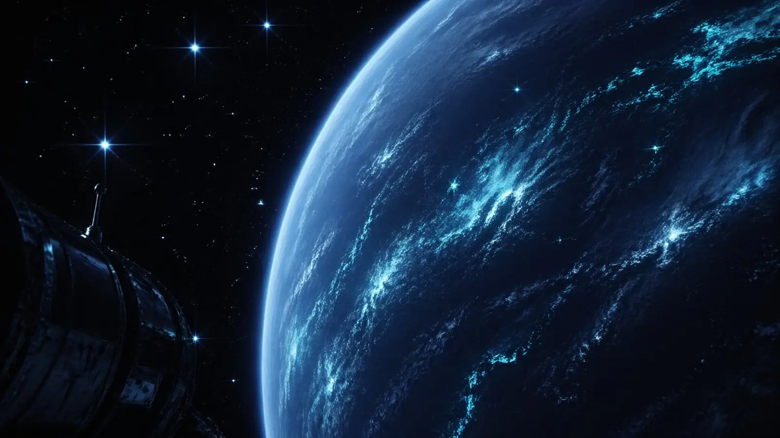 A probe approaching a blue living planet in deep space