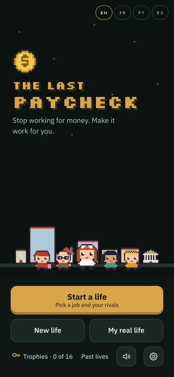 The Last Paycheck title screen with its pixel-art cast